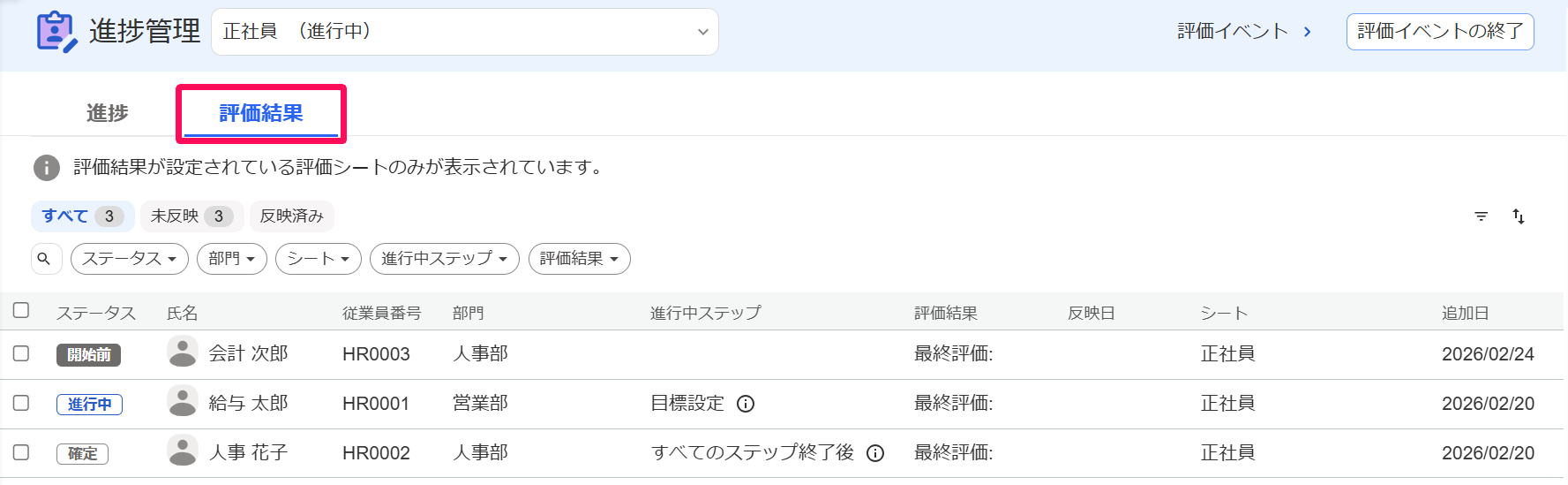 進捗管理画面で［評価結果］タブを指し示しているスクリーンショット