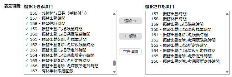 「月別データ［CSV］」や「タイムカード［PDF］」の各出力レイアウトに項目を追加する画面のスクリーンショット