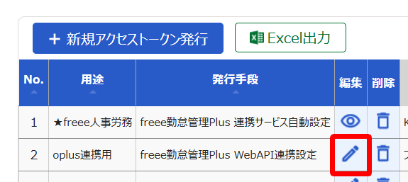 freee勤怠管理Plus WebAPI連携設定画面の［編集］を指し示しているスクリーンショット