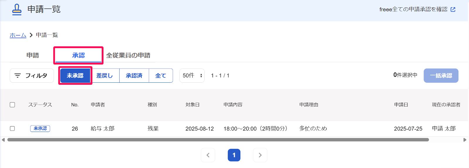申請一覧画面の［承認］タブと［未承認］を指し示すスクリーンショット