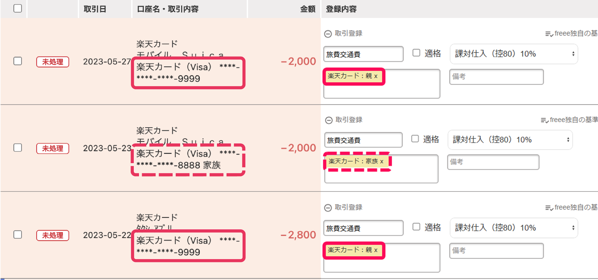 明細を取引登録する画面で「カードラベル」と「メモタグ」を指し示すスクリーンショット