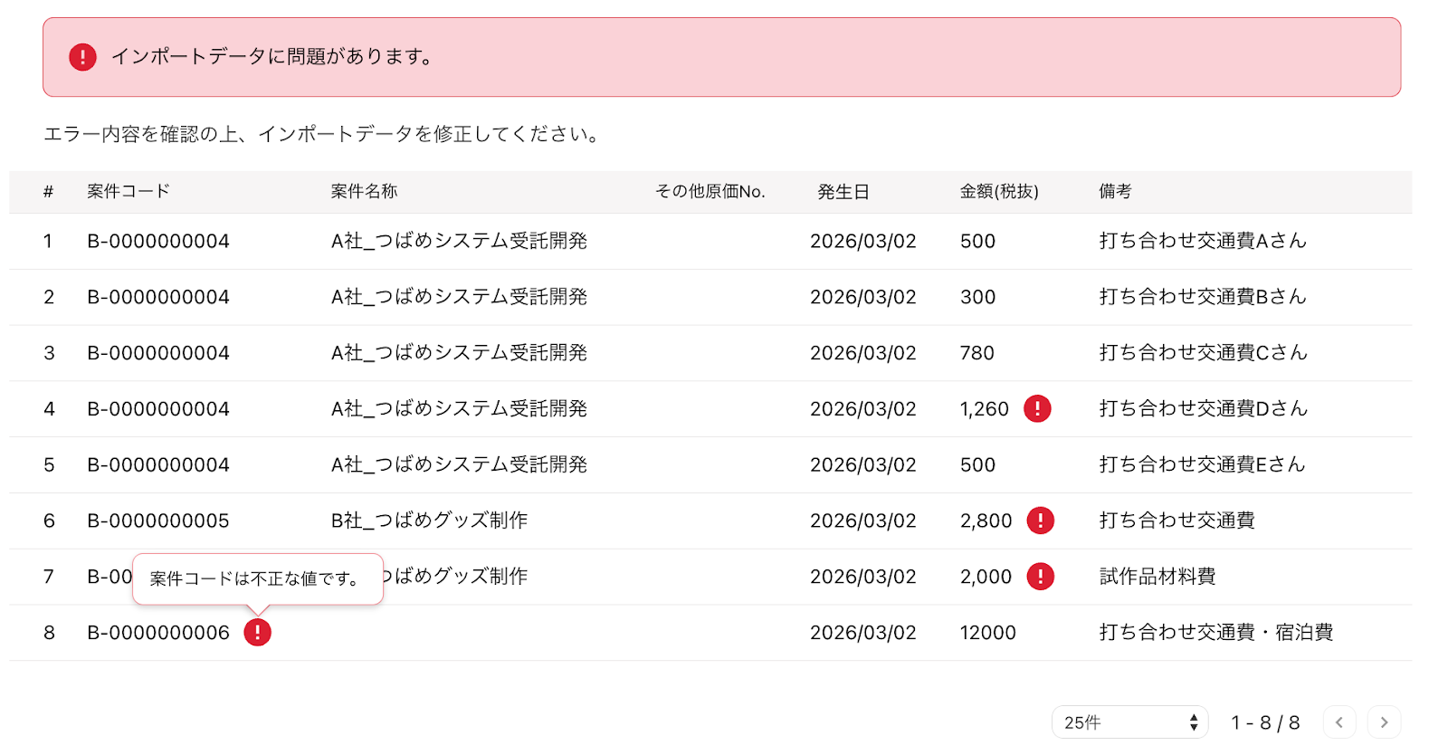 エラー表示画面のスクリーンショット