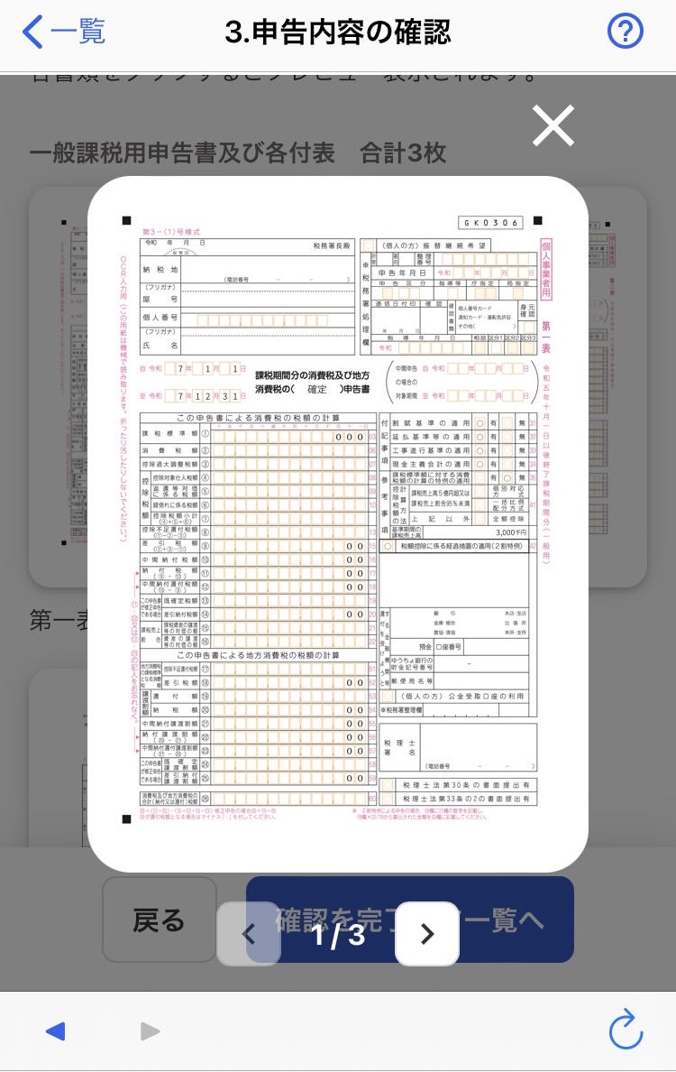 申告書類のプレビュー画面のスクリーンショット