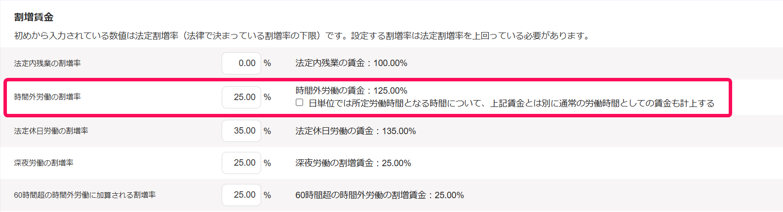 勤務・賃金設定画面の「割増賃金」項目の［時間外労働の割増率」の行を指し示すスクリーンショット