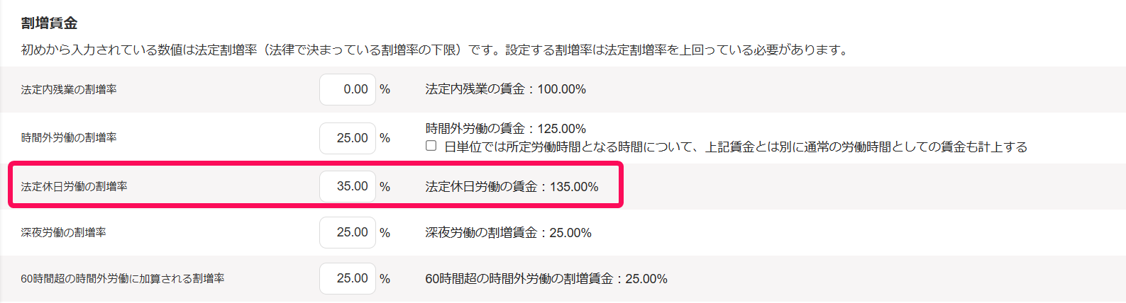 勤務・賃金設定画面の「割増賃金」項目の「法定休日労働の割増率」の行を指し示すスクリーンショット