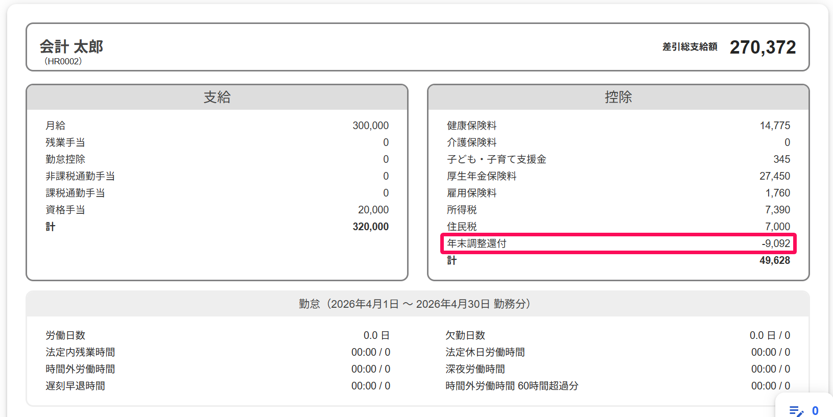各従業員の給与明細の「控除」欄を指し示しているスクリーンショット