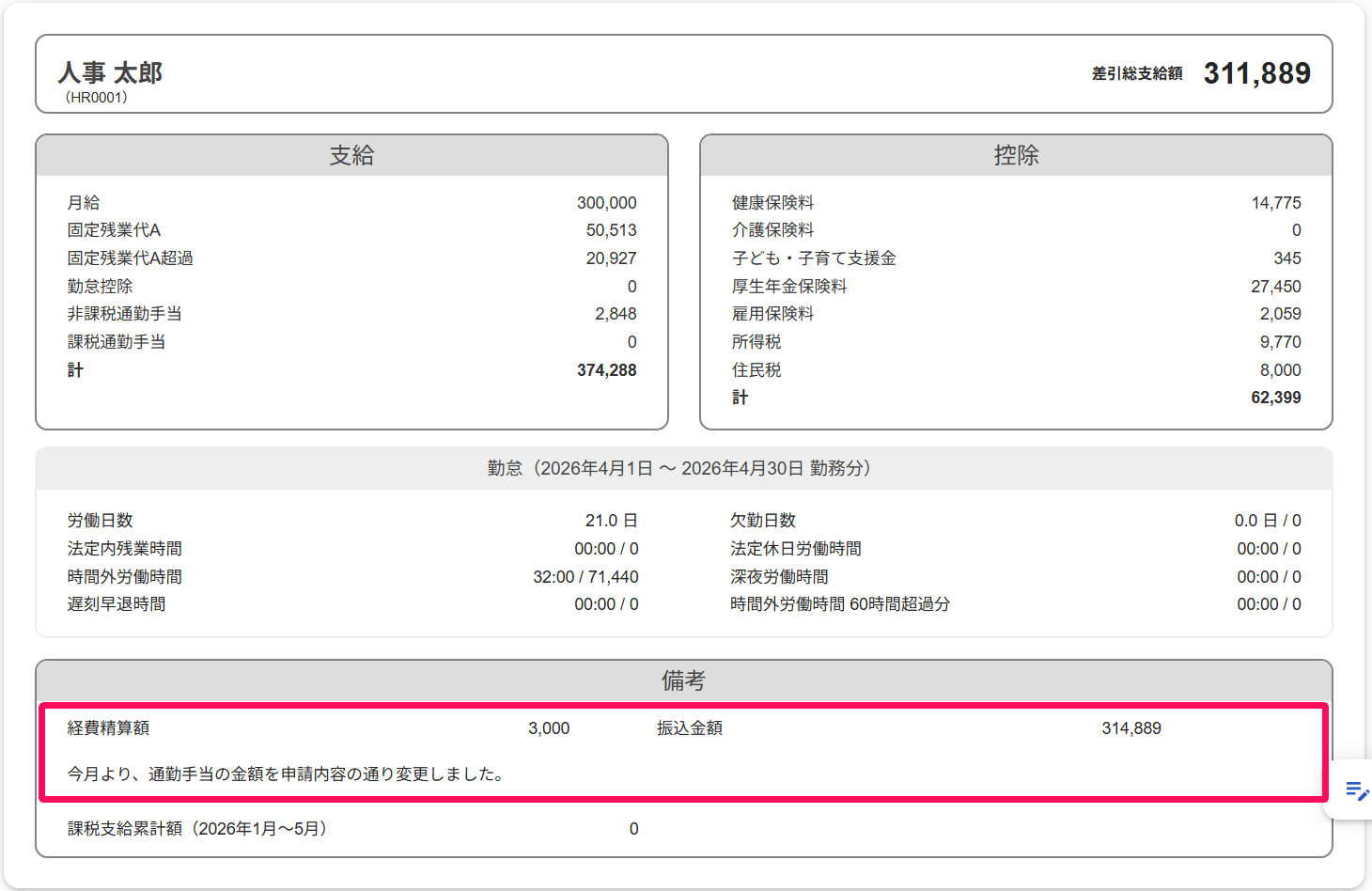 給与明細画面の「備考」を指し示しているスクリーンショット