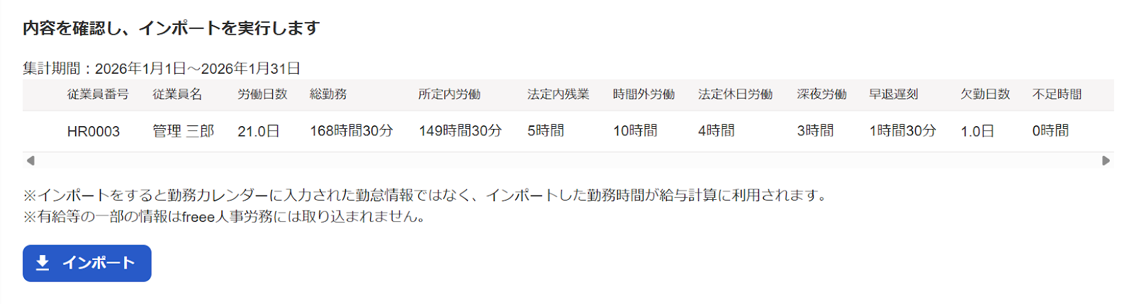 勤怠データのインポート画面の「内容を確認し、インポートを実行します」部分のスクリーンショット
