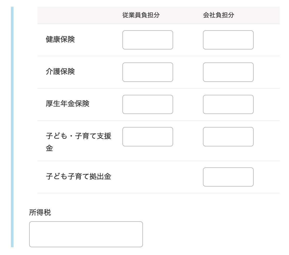 従業員の給与明細の直接編集画面のスクリーンショット