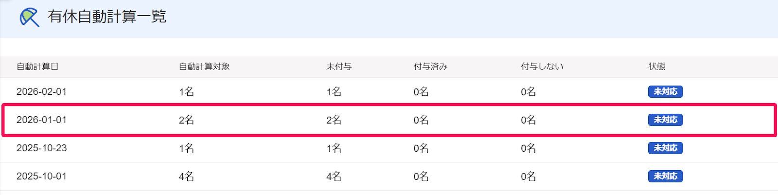 一括付与したい有休の行を指し示すスクリーンショット