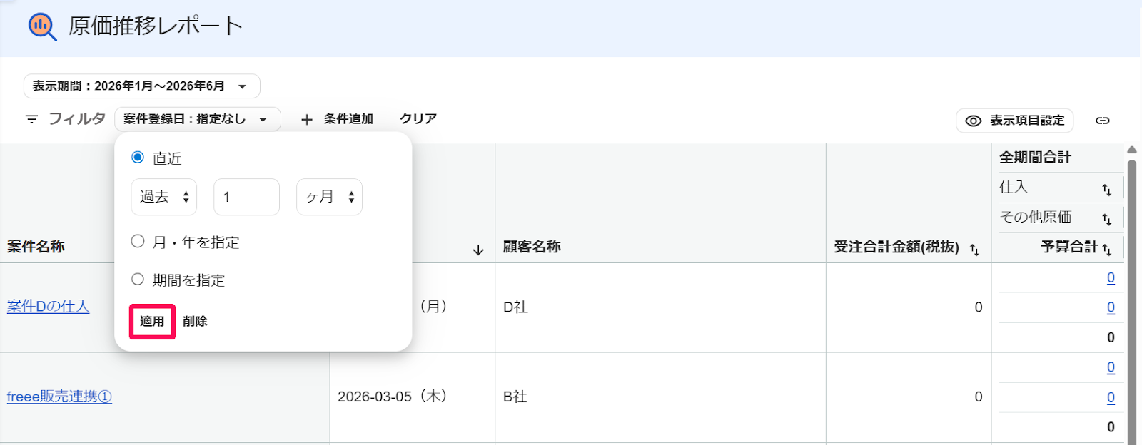 原価推移レポート画面の表示期間の［適用］ボタンを指し示すスクリーンショット
