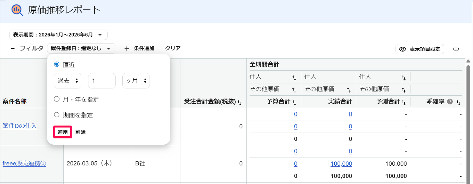 原価推移レポート画面の絞り込み条件の［適用］ボタンを指し示すスクリーンショット