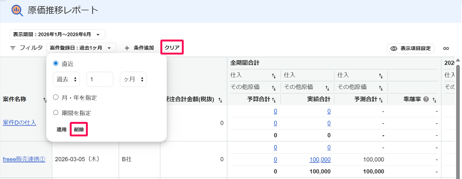 原価推移レポート画面の絞り込み条件の［削除］ボタンと［クリア］ボタンを指し示すスクリーンショット