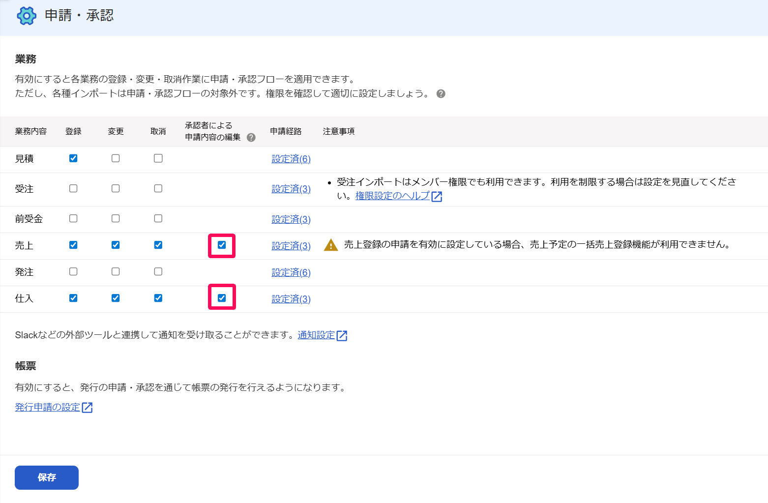 申請・承認画面の承認者による申請内容の編集のチェック欄を指し示すスクリーンショット