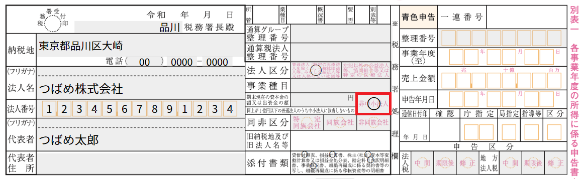 申告書の「非中小法人等」の項目部分を指し示すスクリーンショット