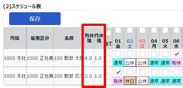 スケジュール登録画面の休暇の残数表示を指し示しているスクリーンショット