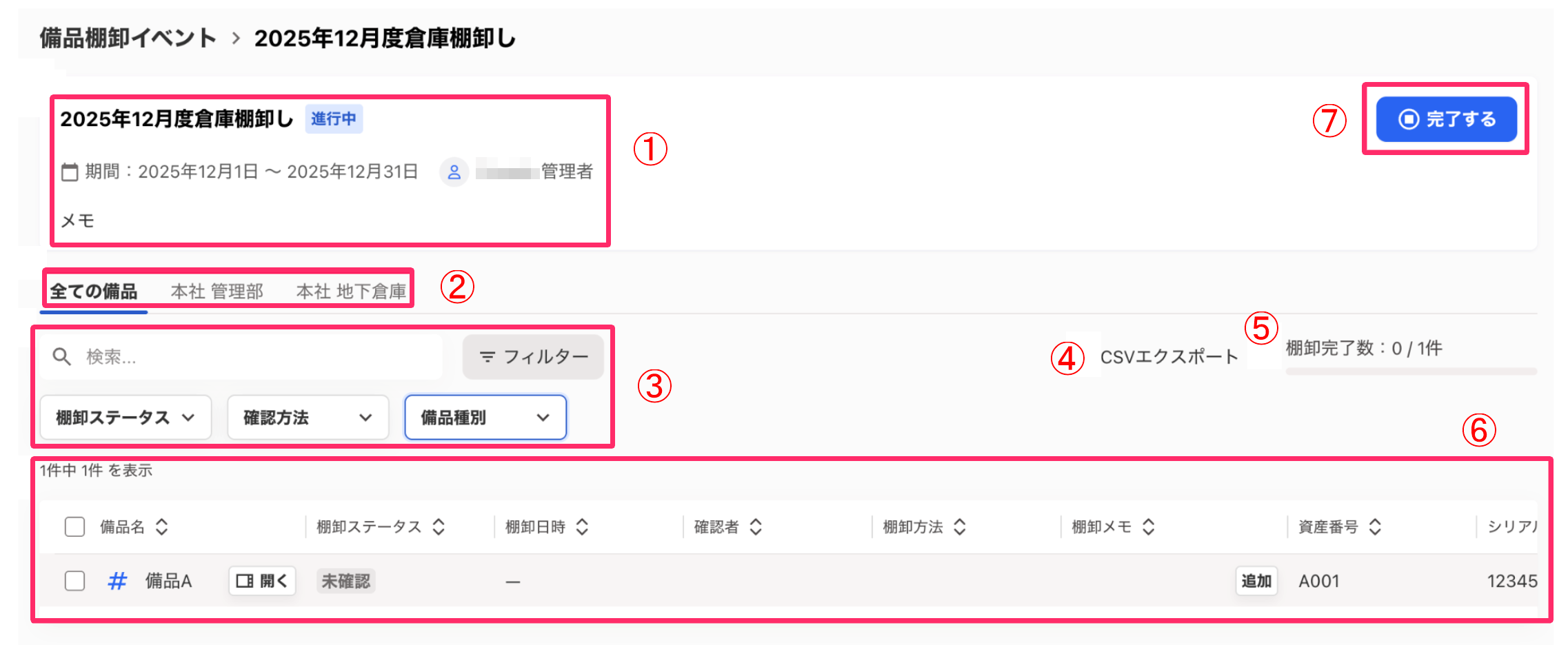 棚卸イベント画面構成のスクリーンショット