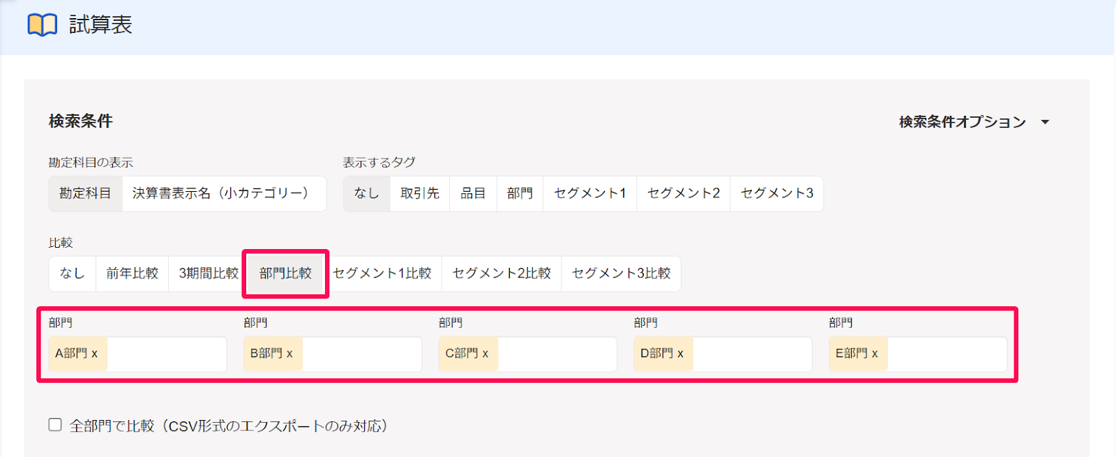 部門比較ボタンと各部門を赤枠で囲っている画面のスクリーンショット