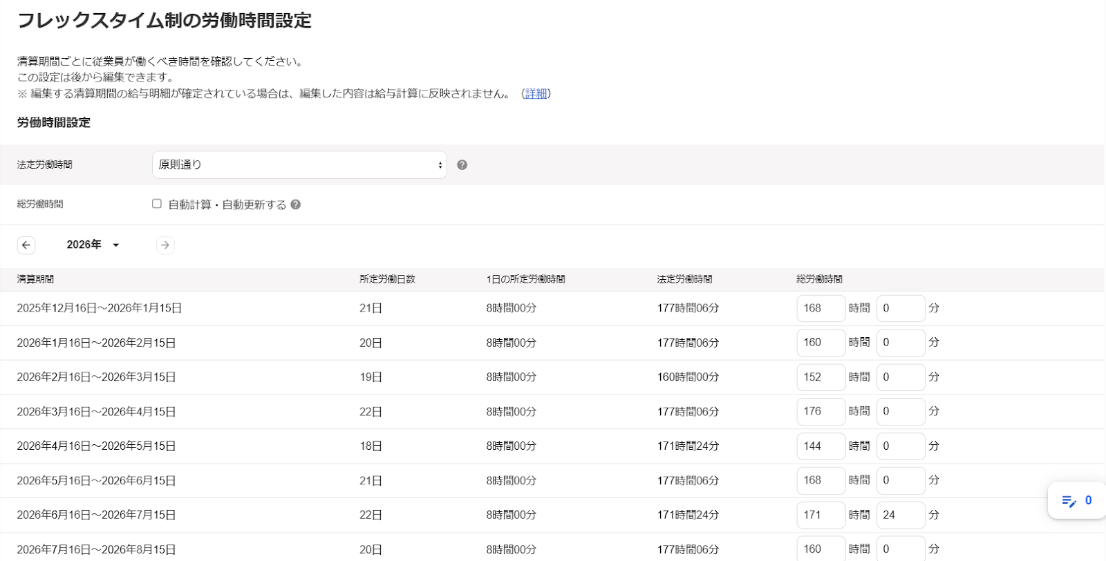 労働時間制度設定画面のスクリーンショット