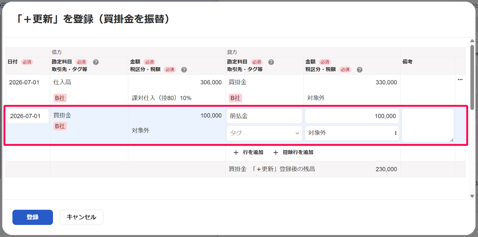 「＋更新」を登録（買掛金を振替）画面の対象の取引を指し示すスクリーンショット