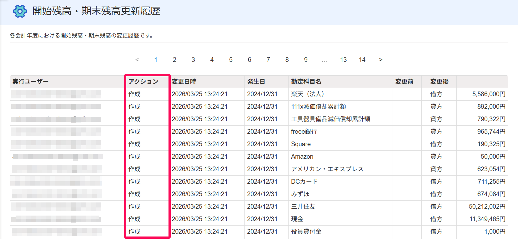 開始残高・期末残高更新履歴画面でアクション項目を指し示しているスクリーンショット