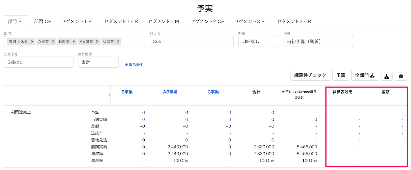 試算表残高と差額を指し示しているスクリーンショット