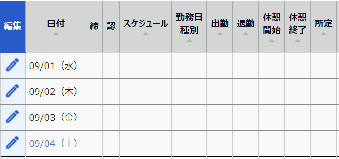 タイムカード画面のスケジュール部分のスクリーンショット