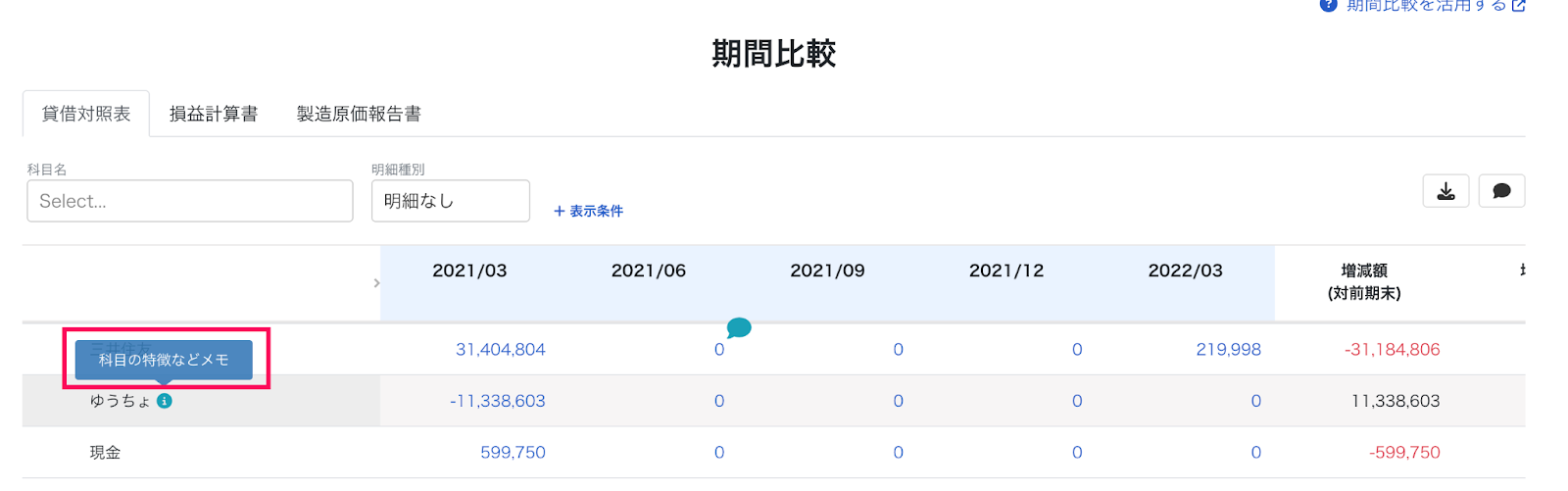 科目の特性メモを指し示しているスクリーンショット