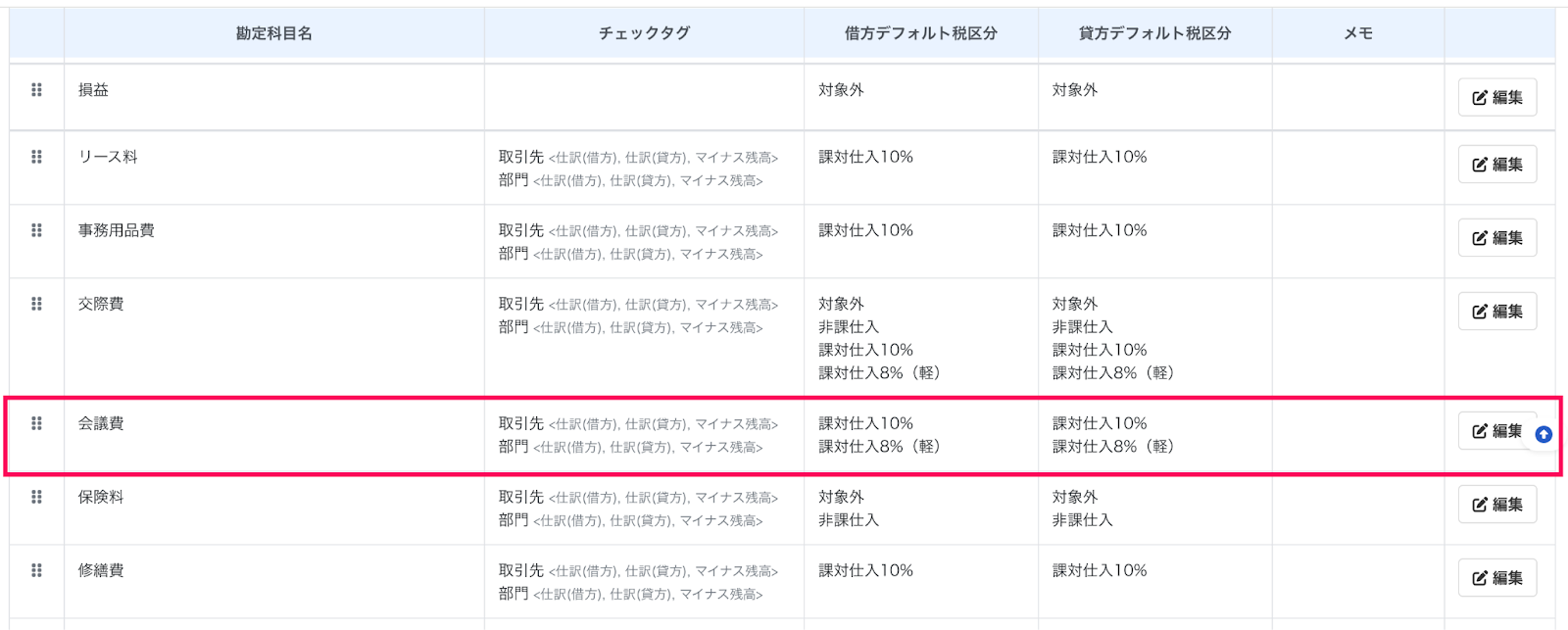 科目設定の該当の科目を指し示しているスクリーンショット