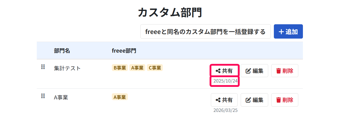 カスタム部門の［共有］ボタンと日付を指し示しているスクリーンショット
