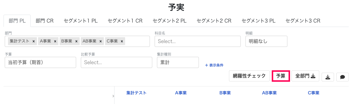 予算ボタンを赤枠で囲っている画面のスクリーンショット