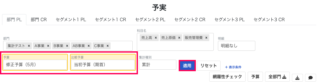 予算、比較予算、適用ボタンを赤枠で囲っている画面のスクリーンショット