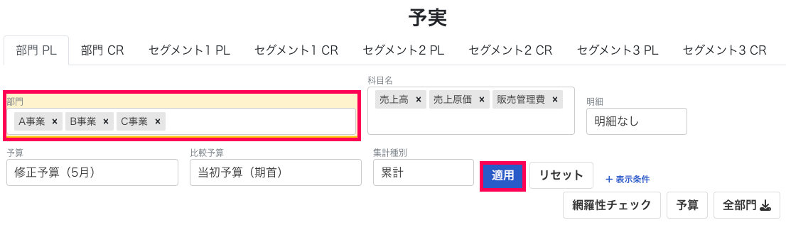 部門と適用ボタンを赤枠で囲っている画面のスクリーンショット