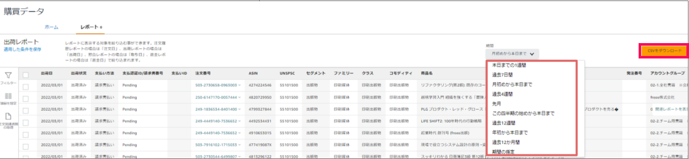 「購買データ」画面にてCSVファイルをダウンロードしている様子のスクリーンショット
