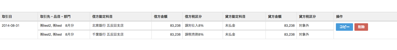 ［登録された振替伝票］を指し示しているスクリーンショット