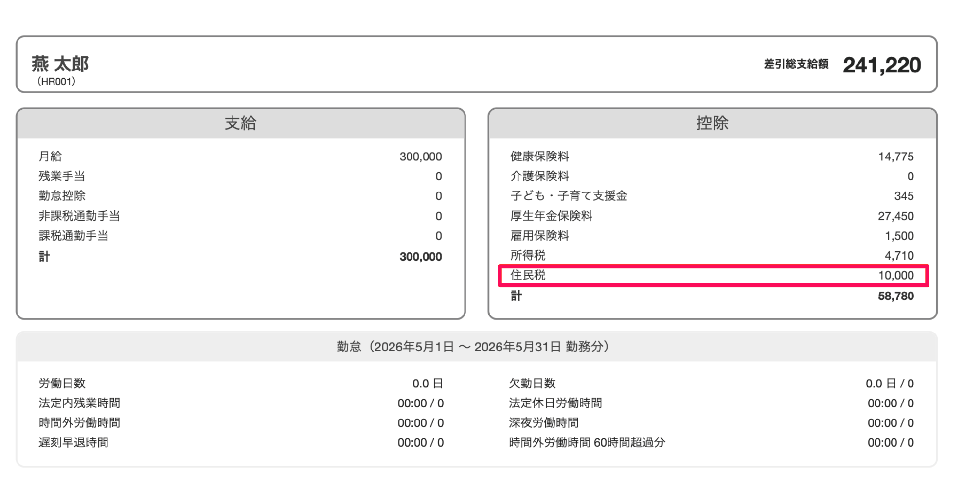 給与明細画面の住民税を指し示しているスクリーンショット