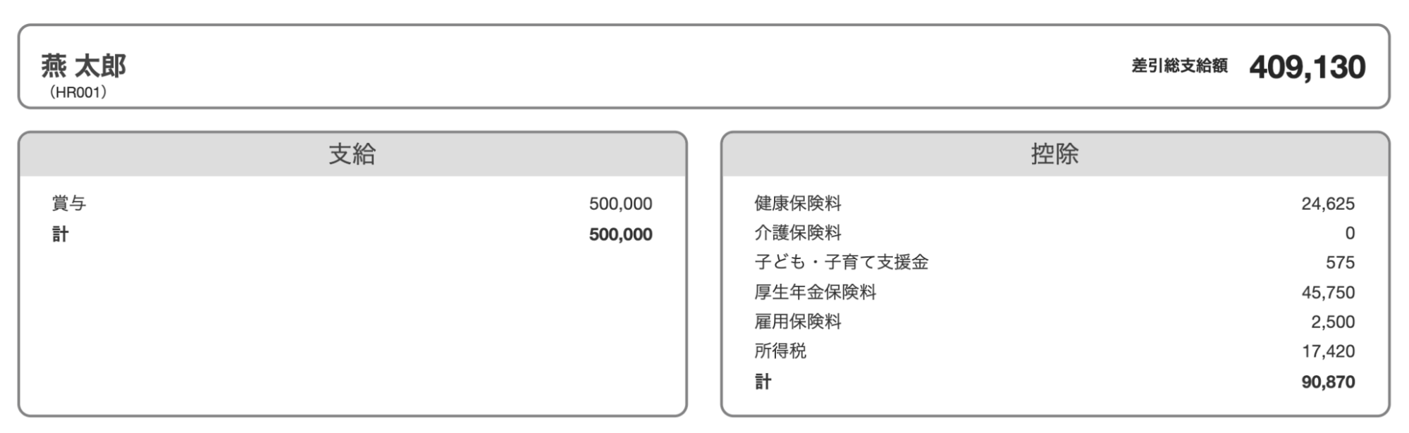 賞与明細画面のスクリーンショット