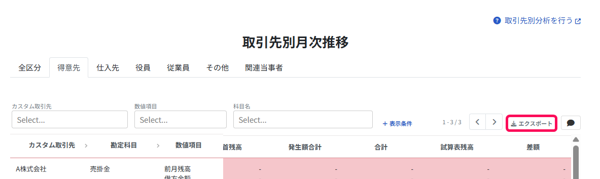 エクスポートボタンを指し示すスクリーンショット