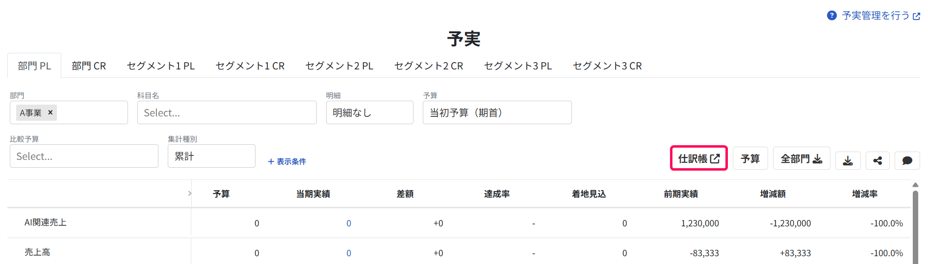 仕訳帳ボタンを指し示すスクリーンショット