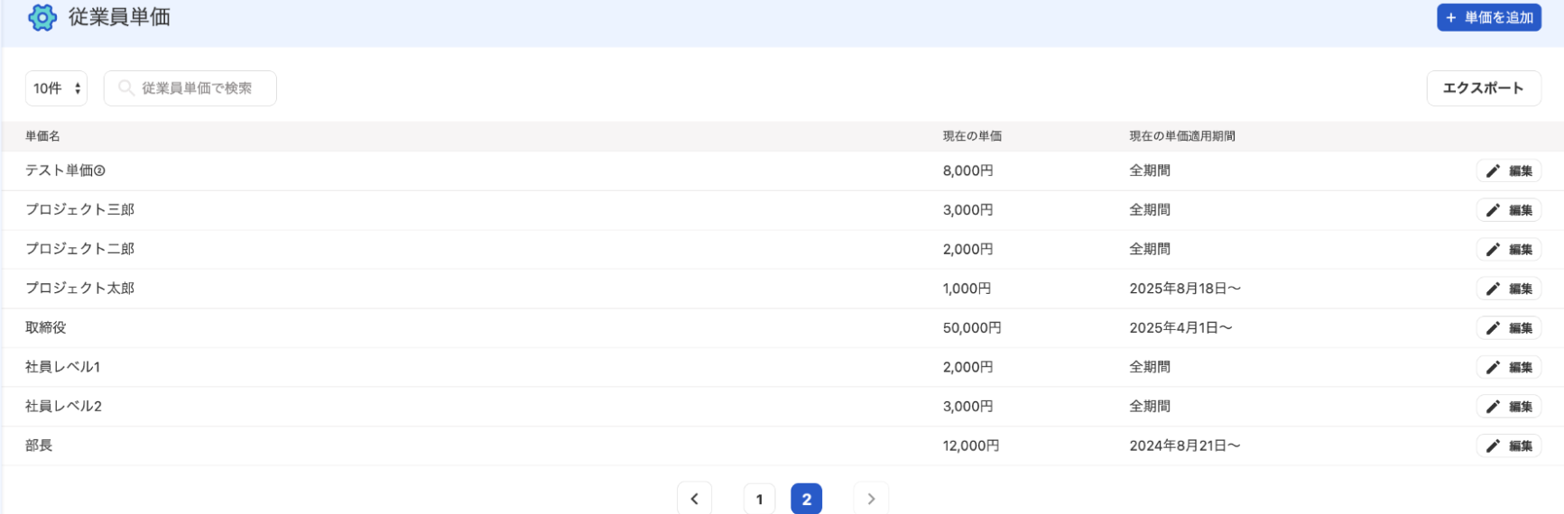 従業員単価画面のスクリーンショット