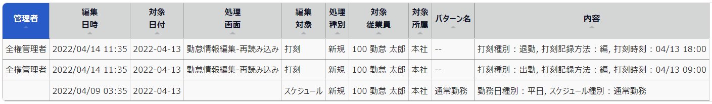 勤務データ編集履歴画面のスクリーンショット