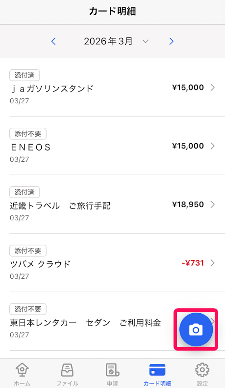 カメラボタンを指し示しているスクリーンショット