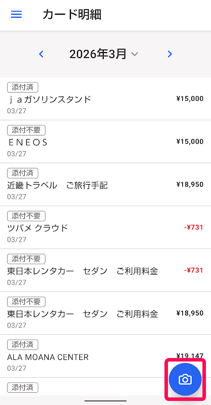 カメラボタンを指し示しているスクリーンショット