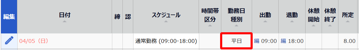 「勤務日種別：平日」を指し示すスクリーンショット