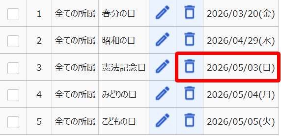 祝日で日曜日である日と［削除］ボタンを指し示すスクリーンショット