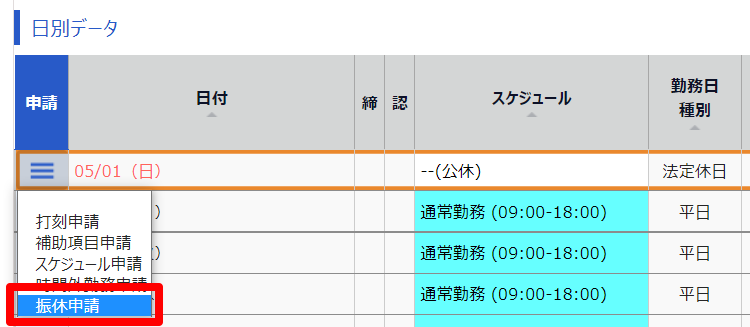 日別データで［振休申請］を指し示しているスクリーンショット