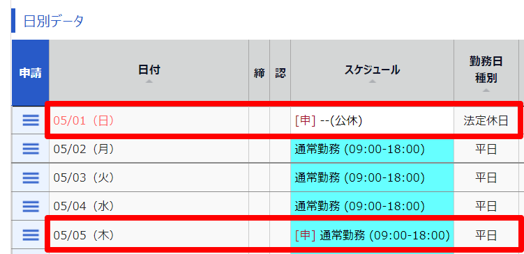 「振替出勤日」と「振休取得日」の両方に［申］と表示されているスクリーンショット