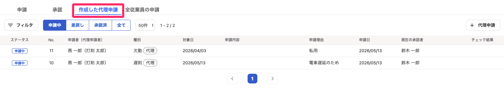 ［作成した代理申請］タブを指し示しているスクリーンショット