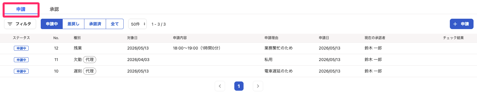申請一覧の ［申請］タブを指し示しているスクリーンショット