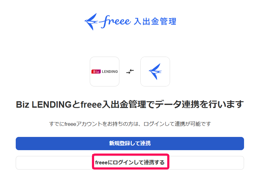 データ連携画面で［freeeにログインして連携する］ボタンを指し示しているスクリーンショット
